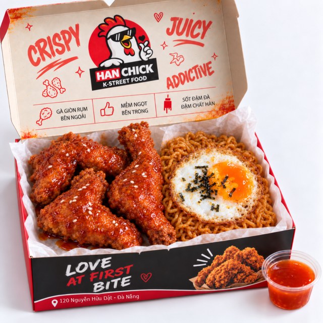 COMBO 4 gà rán, 1 mì cay xốt HanChick (M), 1 trứng chiên