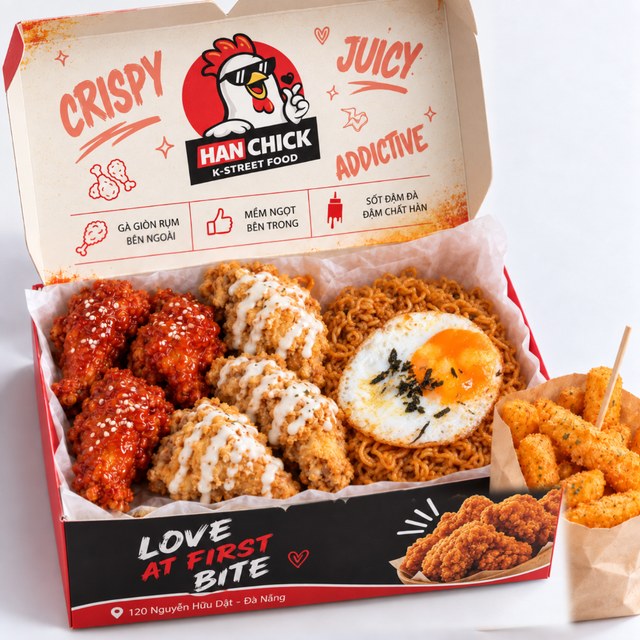 COMBO 6 gà xốt, 1 mì cay xốt HanChick (M), 1 trứng chiên, tokbokki chiên hoặc khoai tây chiên